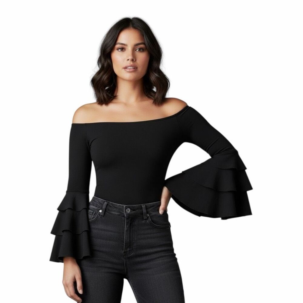 NASTY GAL Women’s Black Off Shoulder Ruffle Sleeve Bodysuit Size Medium (US 8)